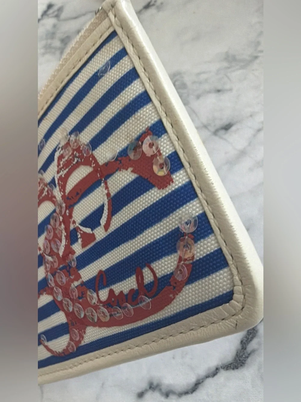Coach POPPY RARE Blue & White Striped Card Holder WITH SEQUINS